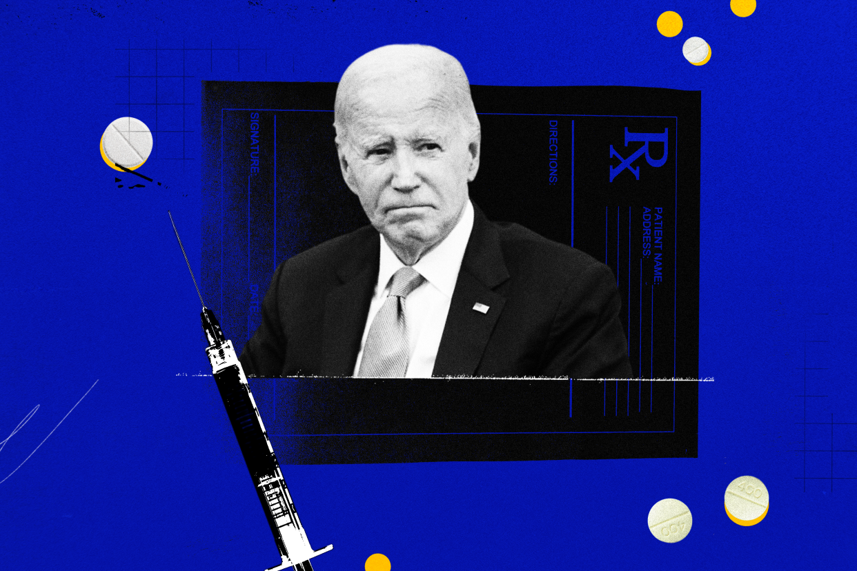 A photo illustration shows President Biden, a hypodermic syringe, pills and a prescription label.
