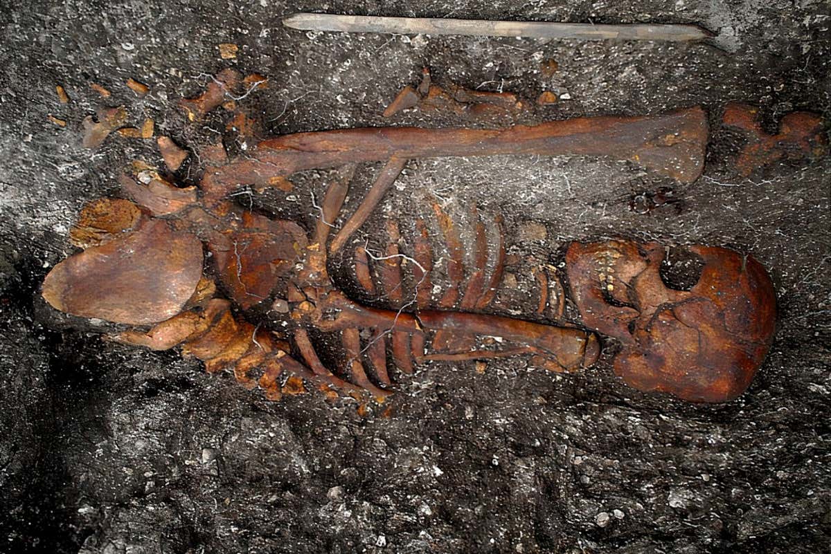 A human skeleton at a prehistoric burial site in southern Brazil, where evidence of bacteria similar to syphilis have been found